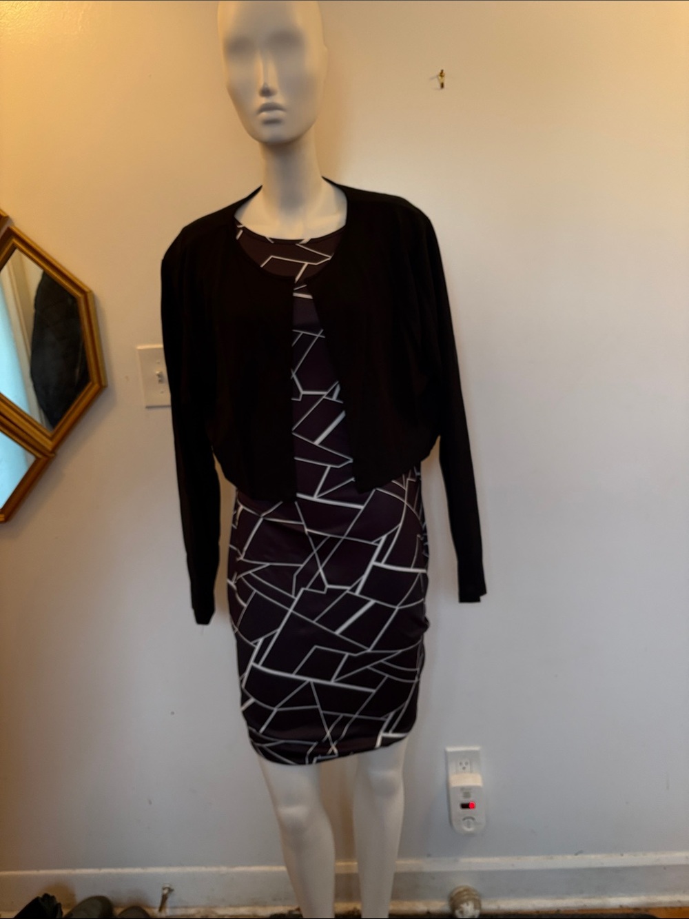 Geometric Print Sheath Dress with Black Cropped Cardigan